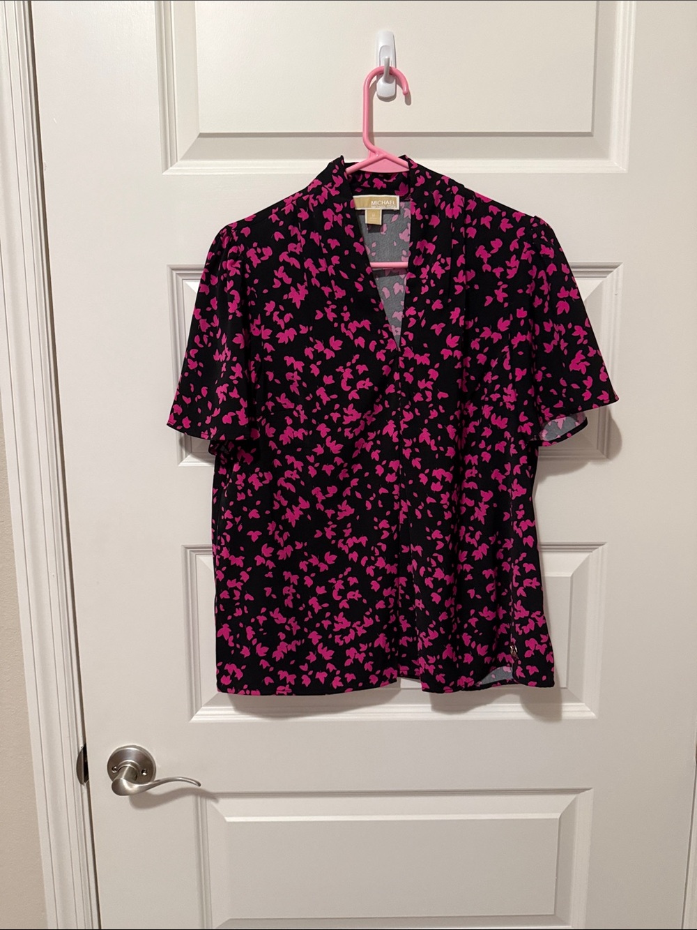 Michael Kors, Black & Pink Floral Short-Sleeve V-Neck Top, medium